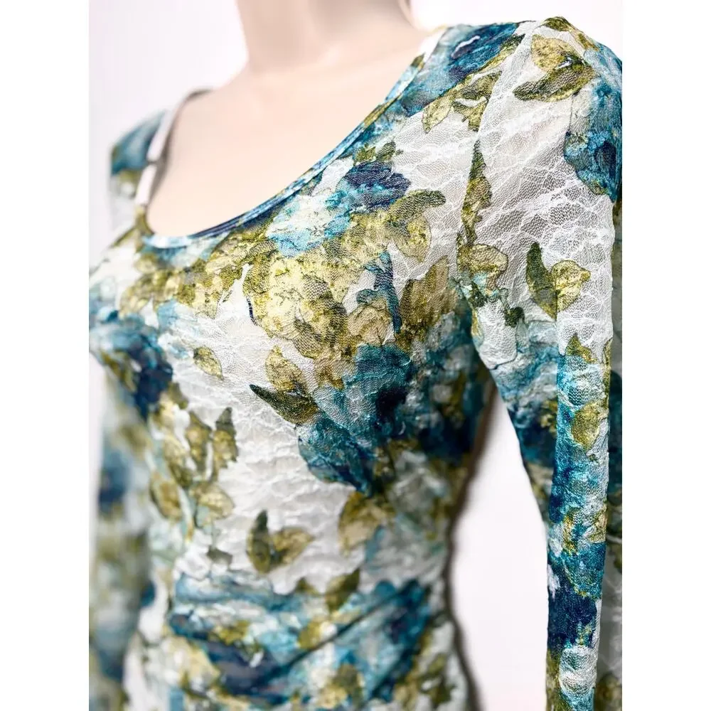 Vintage Y2K Mudd Fairycore Longsleeve Fitted Top Allover Lace Floral Watercolor - Picture 3 of 5